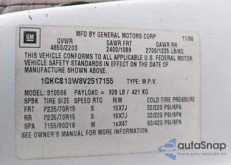 1997 GMC Jimmy Sls z USA, uszkodzony, nr VIN 1GKCS13W8V2517155